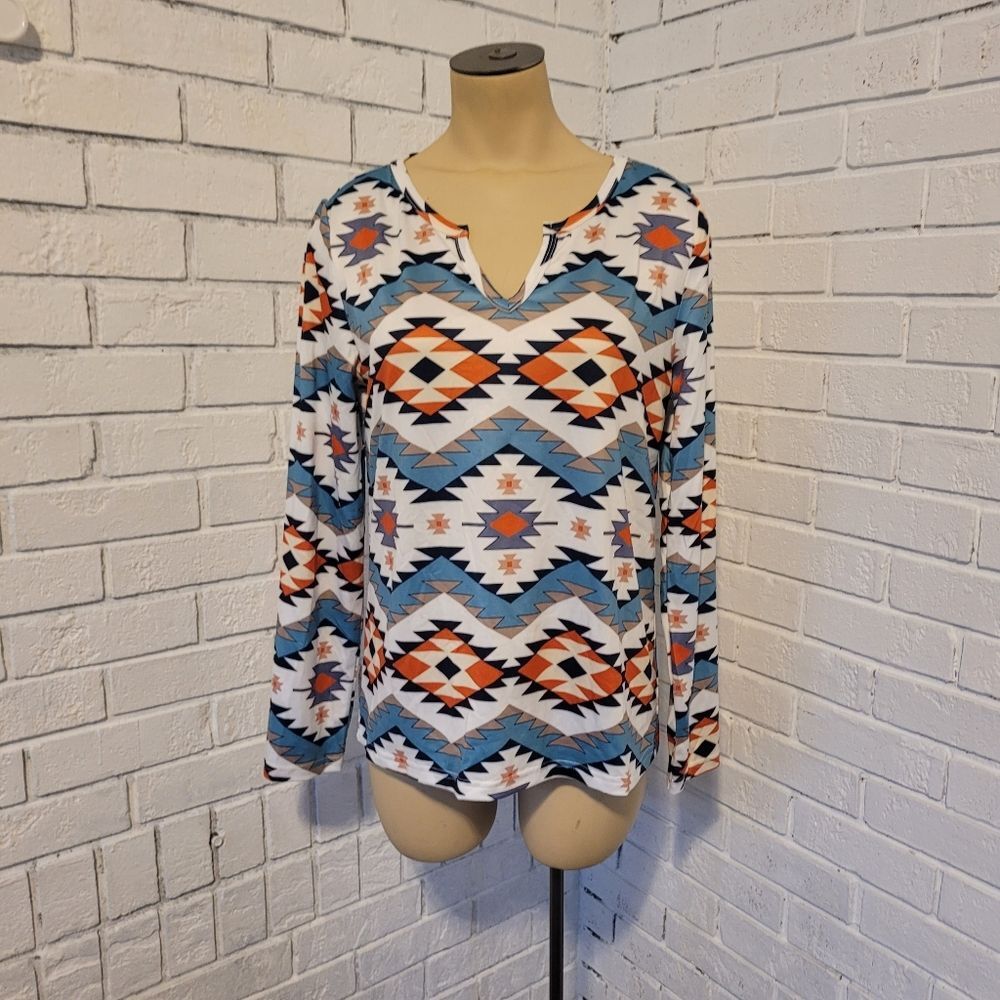 Ranlege Aztec Long Sleeve Top - Size Small - Southwestern Boho Blouse